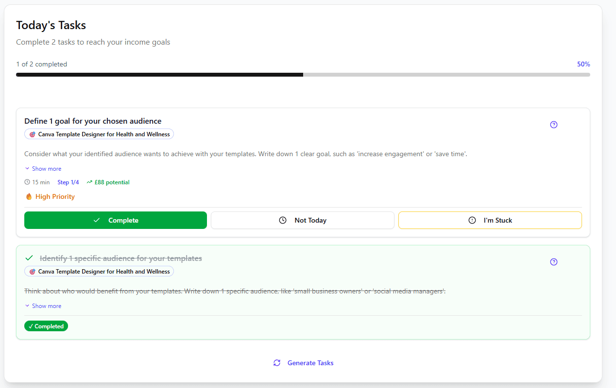 Daily tasks interface showing tasks to complete with progress tracking