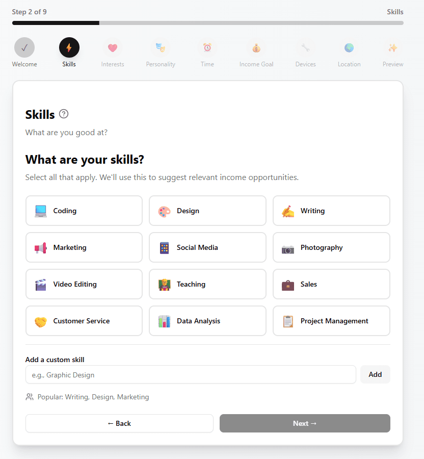 Skills selection page showing options like Coding, Design, Writing, Marketing, and more